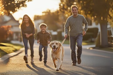  A cheerful family of four walking with their dog through a suburban neighborhood at sunset. A warm and joyful moment of bonding, outdoor activity, and togetherness.
Keywords: