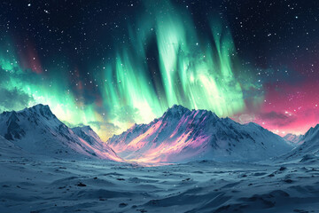 Vibrant aurora borealis illuminates a snow-covered mountain range under a starry sky.