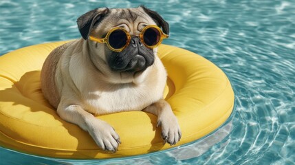 A pug wearing sunglasses relaxes on a yellow inflatable ring in a pool, enjoying the summer sun.