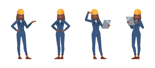 Obraz premium Female worker wearing blue jumpsuit working character vector illustration design set. Woman thinking holding clipboard and presentation.