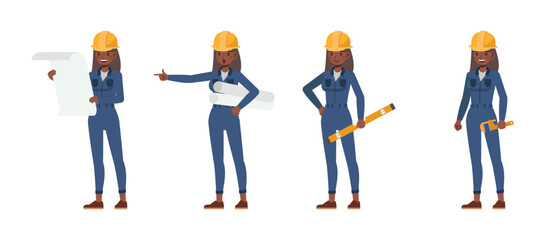 Obraz premium Female worker wearing blue jumpsuit working character vector illustration design set.