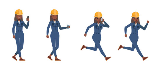 Women worker wearing blue jumpsuit character vector illustration design set. Female ltalk on phone walking and running.