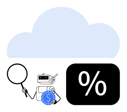 AI robot holding magnifying glass and coin under cloud, next to percentage block. Ideal for finance, technology, data analysis, cloud storage, AI research, modern economy innovation. Flat simple