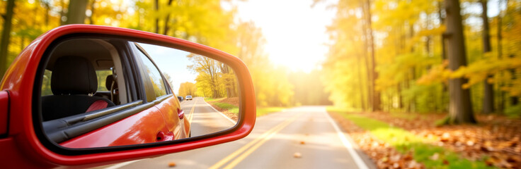 Scenic view of a red car side mirror reflecting a sunny autumn road with vibrant yellow trees, warm colors of fall season, travel concept of automotive industry and tourism
