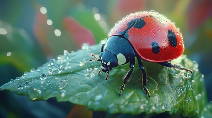 Obraz premium Close-up of a Ladybug Resting on a Dewy Green Leaf in a Vibrant Garden Setting During Morning Light