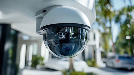 Close-up of a modern security camera equipped with AI-driven motion detection, tracking vehicles and sending alerts to a central monitoring system. 