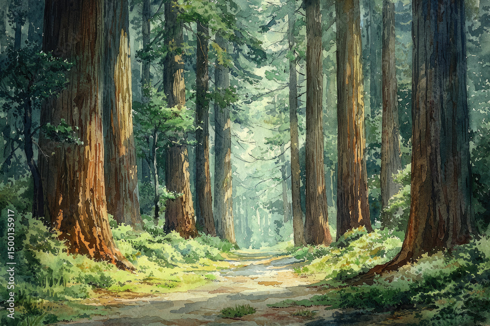 Poster a sun-dappled path winds through a majestic redwood forest, creating a serene and mystical atmospher