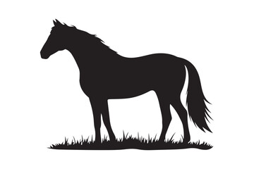 Silhouette of Horse Standing on Grass Black Vector Animal Art