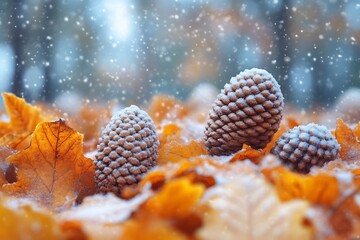 Three Pine Cones Covered in Frost Among Yellow Autumn Leaves
