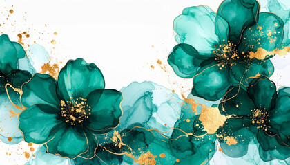 Elegant emerald green flowers with golden accents in an artistic floral design showcasing watercolor techniques and modern aesthetics