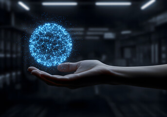 Hand holding digital globe technology network connection data science innovation future ai world 3d 100 character