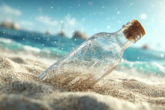 A clear glass bottle with a cork stopper half buried in the sand on a sunny beach with the ocean in the background, conveying a message in a bottle concept.