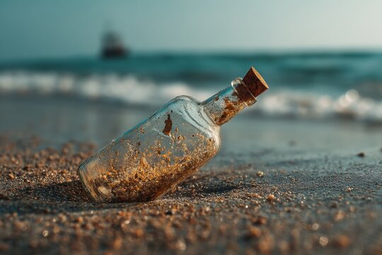 A glass bottle with a cork stopper, half-buried in the sand on a seashore, conveying a message of mystery, adventure, and discovery, inviting viewers to explore dreams.