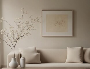 Beige living room with framed art and vase