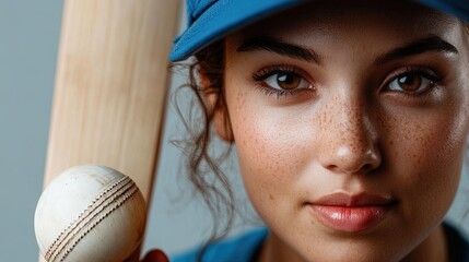 Portrait Of A Female Cricketer Holding A Cricket Bat And A Ball 