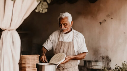 Aged Latino cook making pupusas in kitchen indooes. Concepts of Latin American food, hospitality, Tex Mex, national food, welcomeness, fusion, old age, man cooking