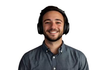 A smiling man wearing headphones and a button-up shirt with a black background, in a pixel art style, with a transparent PNG layer in the middle of a blank page,