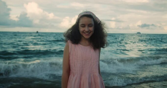 Happy portrait kid summer day. Teen girl portrait of teenager 12 years old happy emotions positive happy person on beach beautiful sunset, sea vacation.