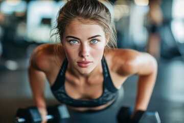 Fototapeta premium Focused fitness: Determined woman engages in dumbbell exercises at the gym, enhancing her strength and wellness in a modern, athletic environment.