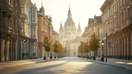 Obraz premium Empty city street leads to a large ornate church under a hazy, bright sky, lined with trees and classic European architecture.