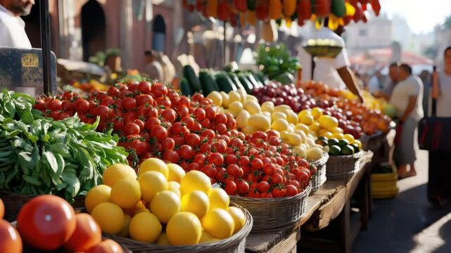 Vibrant Fruit and Vegetable Market Stalls with Rich Colors and Textures