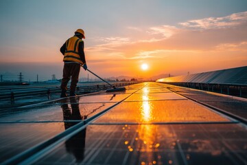 A worker cleaning solar panels with a brush against the backdrop of a vibrant sunset sky, demonstrating the maintenance and care required for renewable energy systems.