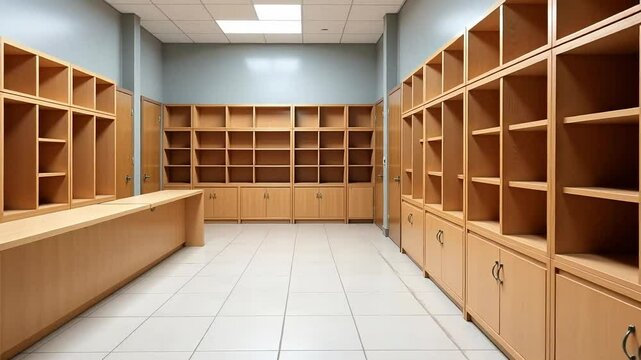 Empty wooden shelving units in a spacious room ideal for storage organization and business setting showcasing versatility and functionality