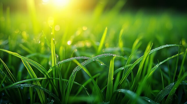 Green grass blades are covered in dewdrops during a bright and sunny morning. - high quality Green grass blades are covered in dewdrops during a brigh - Powered by Adobe