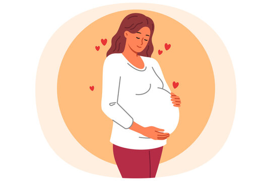 Pregnant woman strokes belly, eagerly awaiting birth of long-awaited child from beloved man. Pregnant young girl feels affection for still neglected baby thanks to maternal instinct and hormones