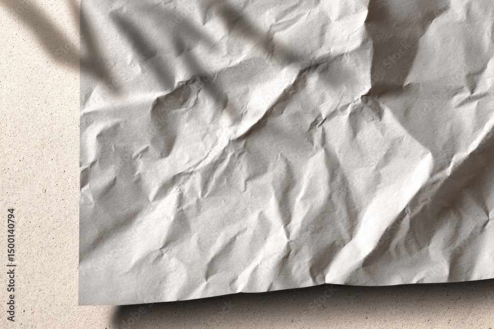 Poster close-up shot of a crumpled white sheet of paper revealing abstract patterns with soft shadows and t