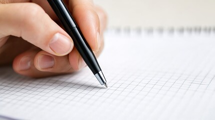 Hand holds black pen and writes on grid paper in the brightly lit setting. - high quality Hand holds black pen and writes on grid paper in the brightl