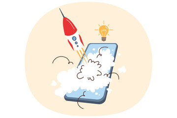 Mobile phone with rocket launch, metaphor for new startup with application for smartphone users. Successful launch of business project using modern technologies and mobile gadgets.