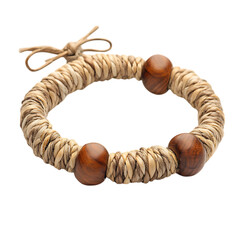 Rustic Woven Bracelet with Coarse Natural Fibers in a Bracelet with Wooden Beads and a Knot Isolated on Transparent Background