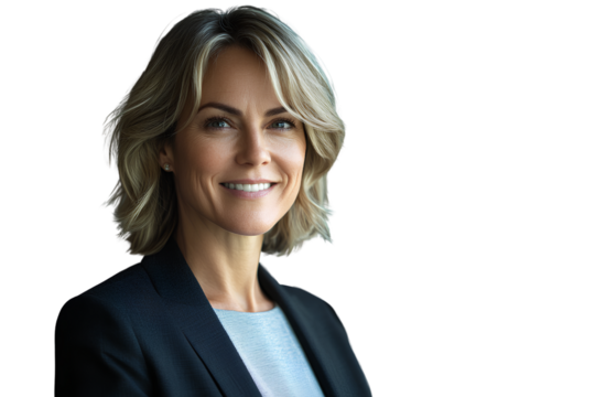  A smiling senior business woman in professional attire, standing with her arms crossed against the backdrop of white and black binary code.