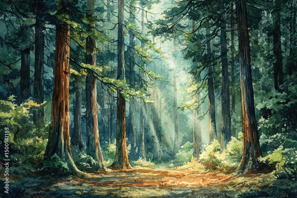 Poster sunbeams pierce a dense redwood forest, illuminating a tranquil path.