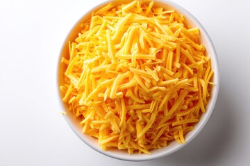 Bowl of grated cheese from above 0n white background