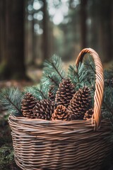 Basket Filled With Pinecones and Evergreen Branches in a Tranquil Forest Setting