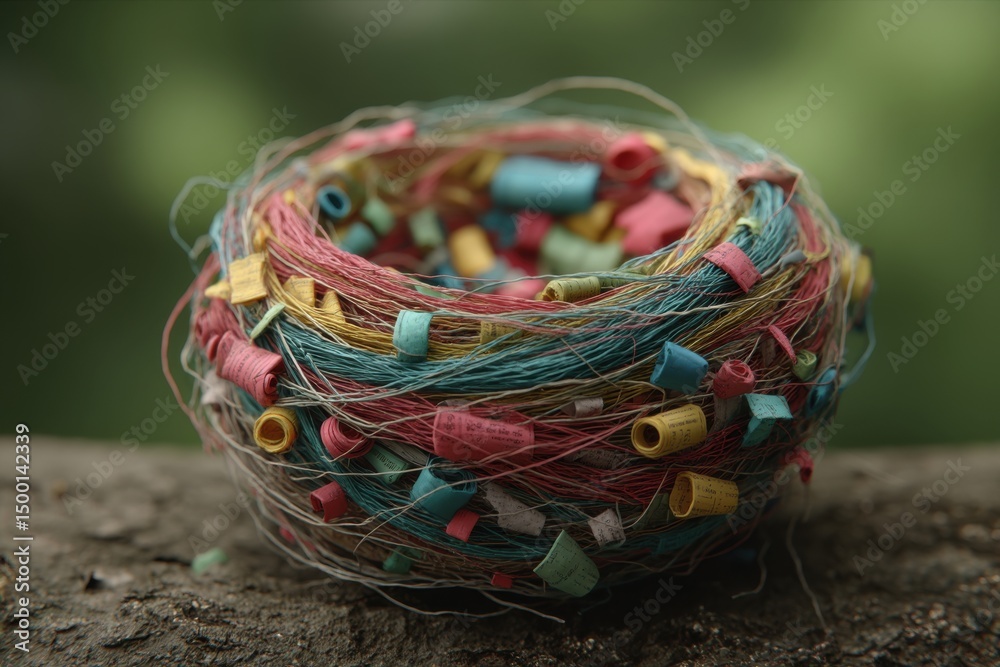 Poster close up of a unique nest-like object made of colorful strings and rolled-up paper, placed on a text