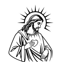 Line Art of Jesus with Halo and Sacred Heart Vector Illustration