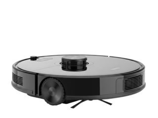 A robotic vacuum cleaner with glossy black finish, visible sensors and wheel base detail, isolated on a transparent background, no logo no brand.