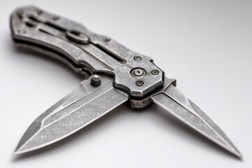 A detailed close-up of a double-bladed pocket knife, featuring a textured metallic handle and sharp, pointed blades, presented on a clean, neutral background.