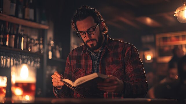 Man reading book at bar wearing flannel shirt and glasses under warm lighting. - high quality Man reading book at bar wearing flannel shirt and glasse