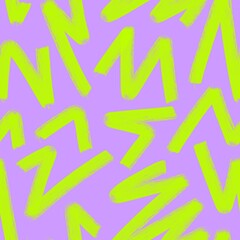 90s style seamless pattern with bold brush strokes. Vivid geometric abstract texture. Green zigzag lines on lilac background