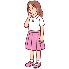 School-aged girl in white polo and pink skirt standing in a thinking pose, with hand on chin, representing confusion or contemplation in childhood decision making