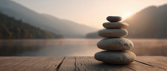 Serene Stack of Balanced Stones on Wooden Deck by Misty River