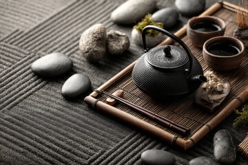 Zen garden arrangement with tea set, stones, and raked sand, conveying calmness and balance, in a minimalist setting, with attention to detail and harmony.