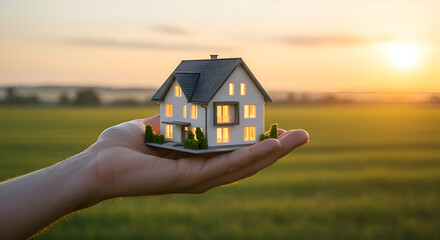 Dream Home in Hand: Miniature House Model Held at Sunset. Real Estate, Property Investment Concept. Golden Hour Light, Hopeful Future, New Beginnings.