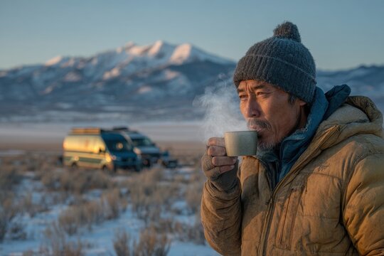 An adult man enjoying a warm beverage during a van trip in the mountains on a cold day, with a mountain range and landscape view in the background at sunrise.