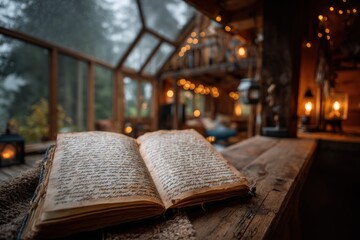 An open book rests on a rustic table inside a cozy cabin on a rainy day, illuminated by warm lantern light, creating a peaceful and inviting atmosphere for reading.