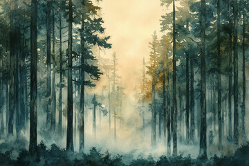 Fototapeta premium Misty morning in a dense forest, tall trees shrouded in fog, serene and tranquil scene.